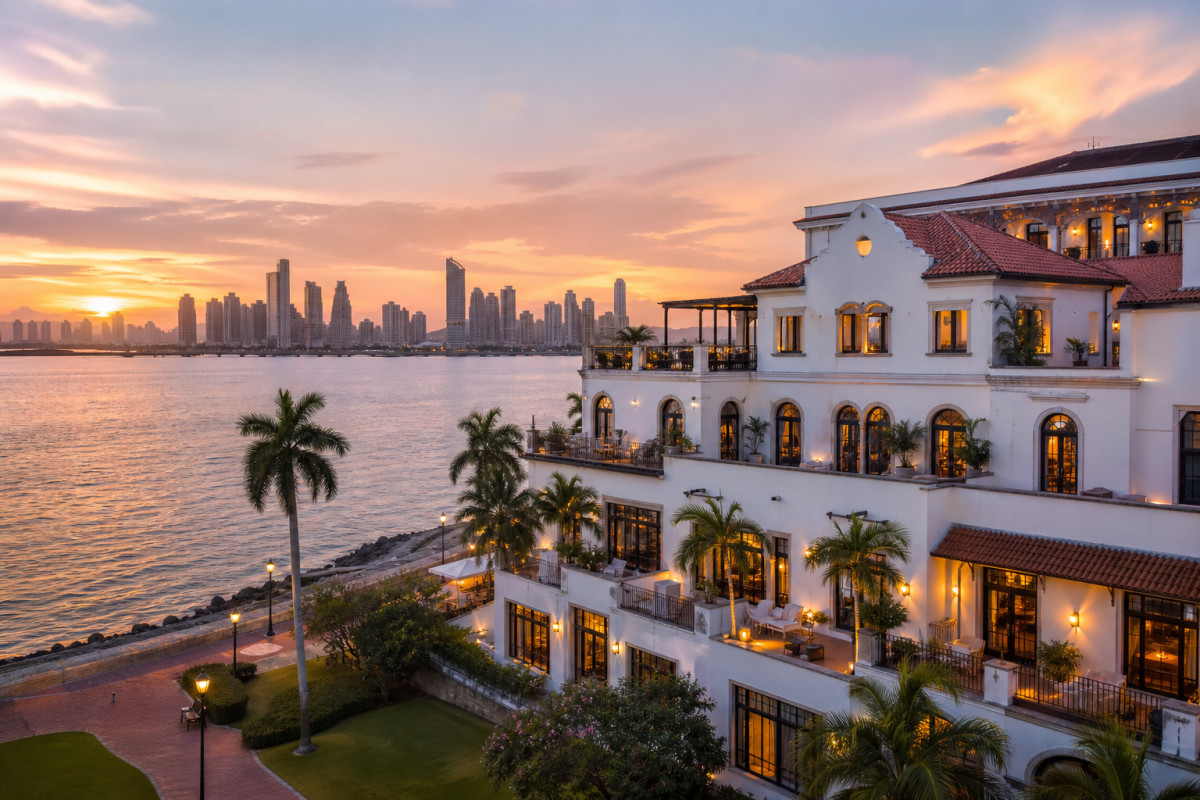 panoramic thumbnail of Sofitel Legend Casco Viejo at sunset, with colonial architecture, palm trees, waterfront views, and Panama City skyline in the distance