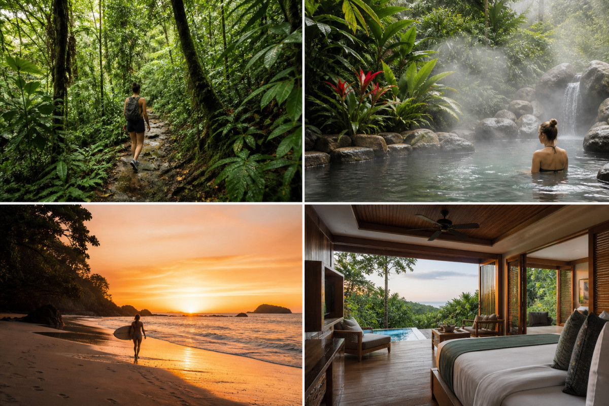 A split-view travel scene showing a Costa Rican rainforest trail, a volcanic hot spring pool, a Pacific beach at golden hour, and a boutique luxury suite with open-air design