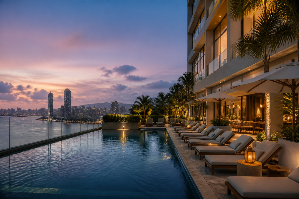 elegant hotel pool terrace with lounge chairs, tropical landscaping, glass-fronted luxury rooms, and soft evening lighting in Panama City