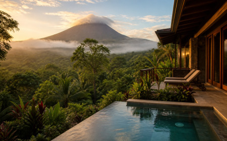 A private rainforest villa with a plunge pool, tropical plants, misty Arenal Volcano in the background, and warm sunrise light over Costa Rica