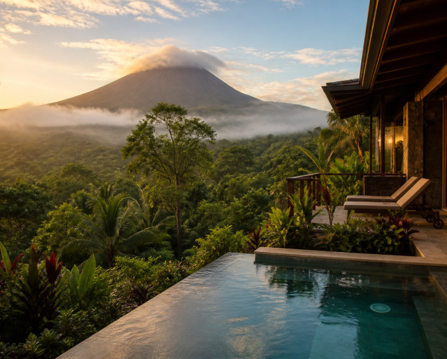 A private rainforest villa with a plunge pool, tropical plants, misty Arenal Volcano in the background, and warm sunrise light over Costa Rica