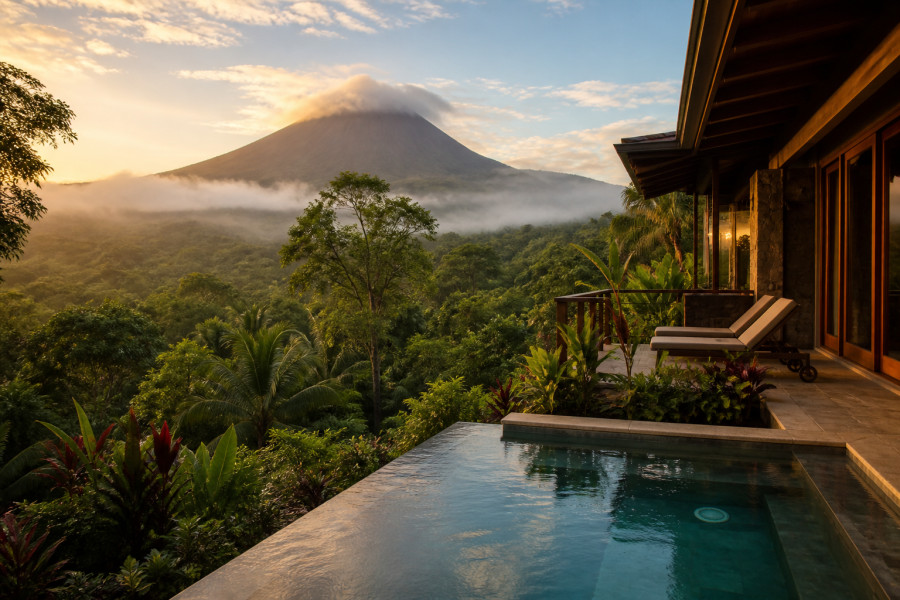 A private rainforest villa with a plunge pool, tropical plants, misty Arenal Volcano in the background, and warm sunrise light over Costa Rica