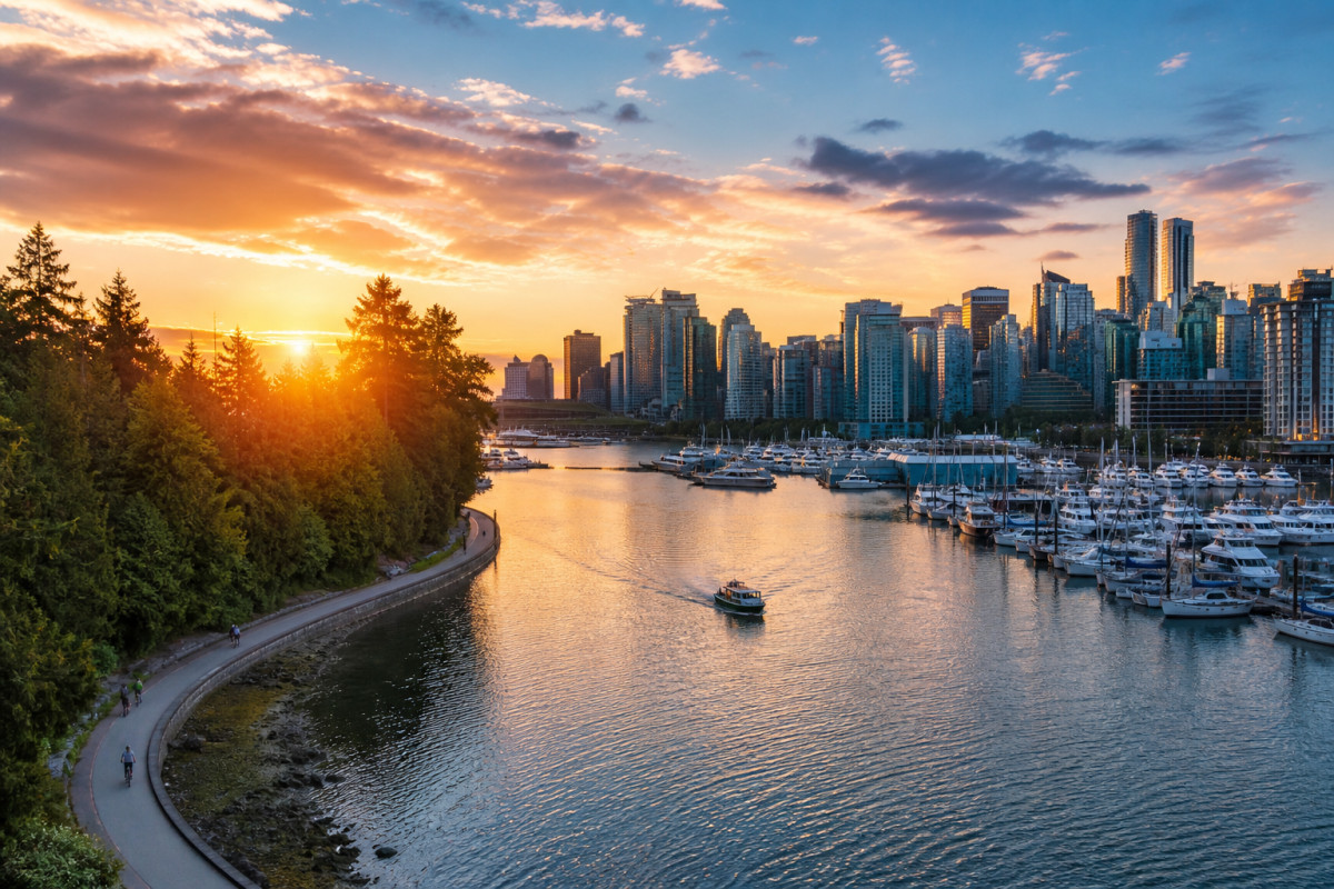 A scenic sunset view of Vancouver's downtown waterfront and Stanley Park, highlighting local sightseeing options available to visiting travelers.