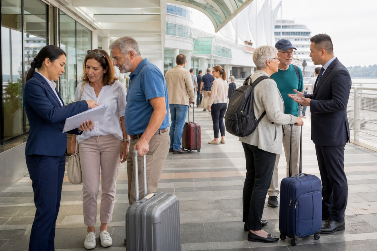 Passengers with luggage gathered near the Canada Place cruise terminal in Vancouver, consulting with customer service representatives under bright morning light.